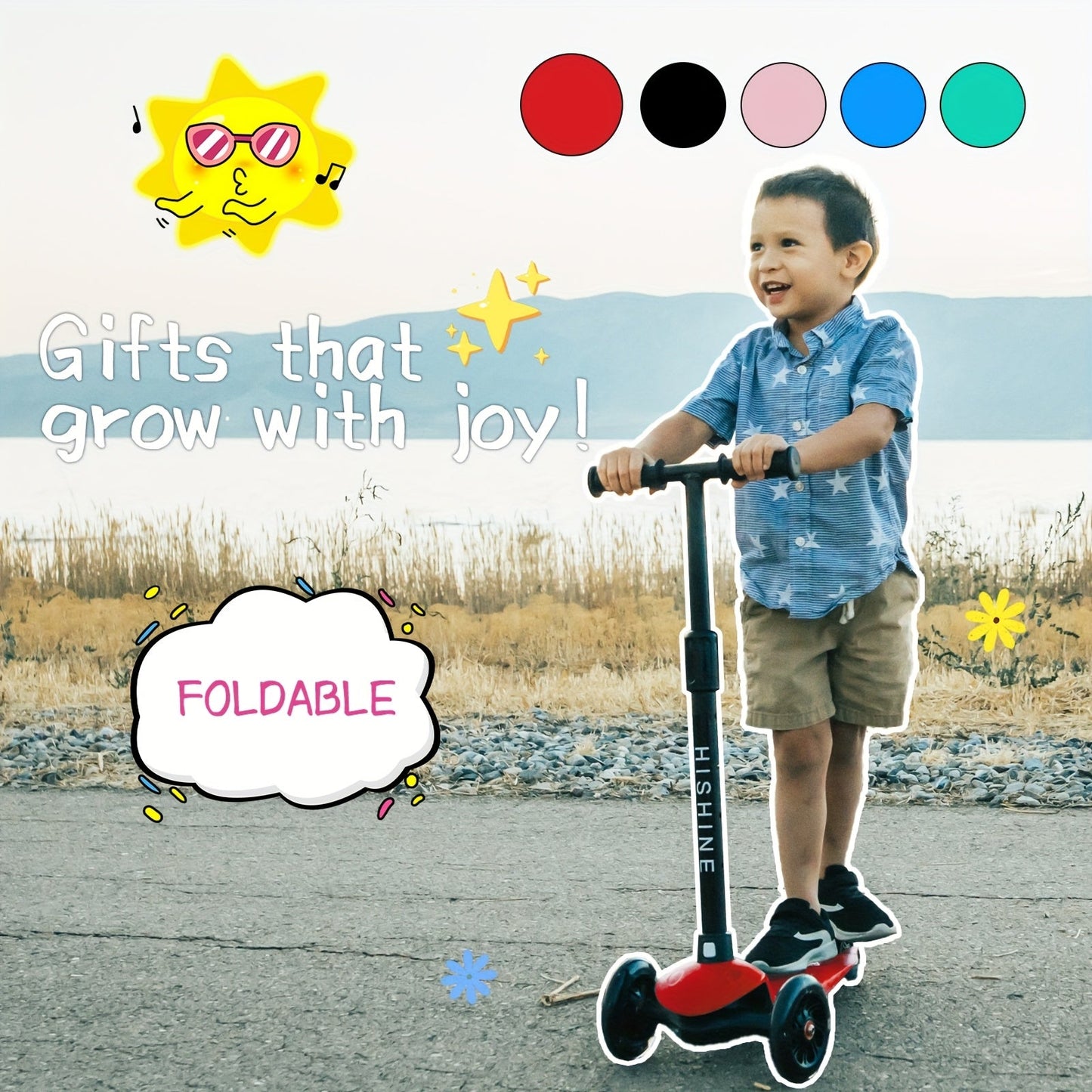 Kids 3-Wheel Scooter with Light Up Wheels – Adjustable Height Lean-to-Steer Toddler Scooter for Ages 2-5, Front Brake & Double Suspension, Pink Blue Black Red