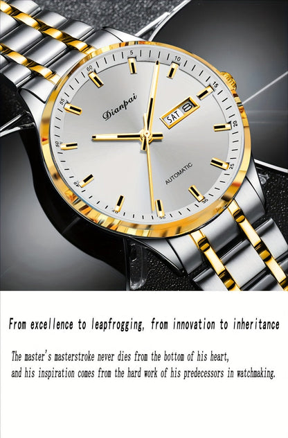 Men's Automatic Self-Winding Mechanical Watch – Slim Stainless Steel Band, Luminous Hands, Calendar Display, No Battery Needed – Luxury Business Dress Watch Gift