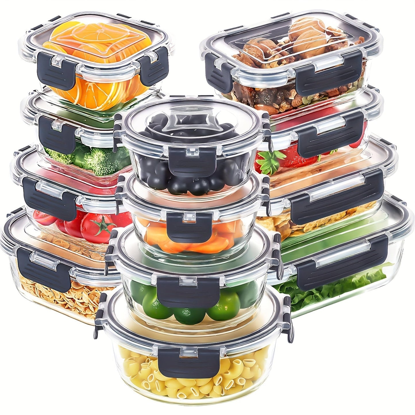 12-Piece Glass Food Storage Containers with Lids – Airtight Leak-Proof Meal Prep Containers, Microwave Oven Freezer Dishwasher Safe Glass Bento Lunch Boxes for Kitchen & Pantry Organization