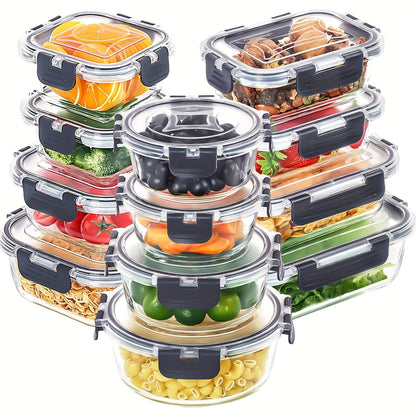 12-Piece Glass Food Storage Containers with Lids – Airtight Leak-Proof Meal Prep Containers, Microwave Oven Freezer Dishwasher Safe Glass Bento Lunch Boxes for Kitchen & Pantry Organization