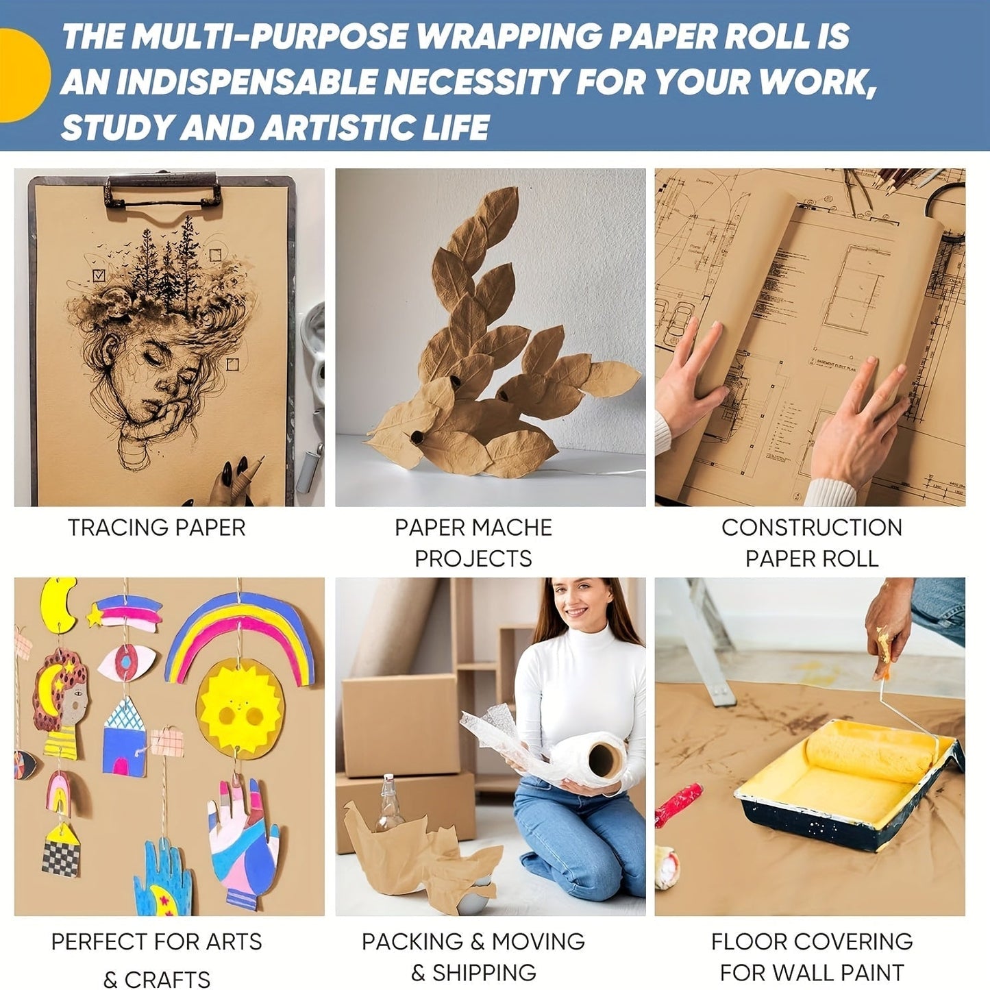 Kraft Paper Roll 80 GSM Heavy Duty for Gift Wrapping, Packing, Moving, Shipping, Wall Art, Crafts, Bulletin Board, Floor Cover & Table Runner — Multiple Sizes & Colors