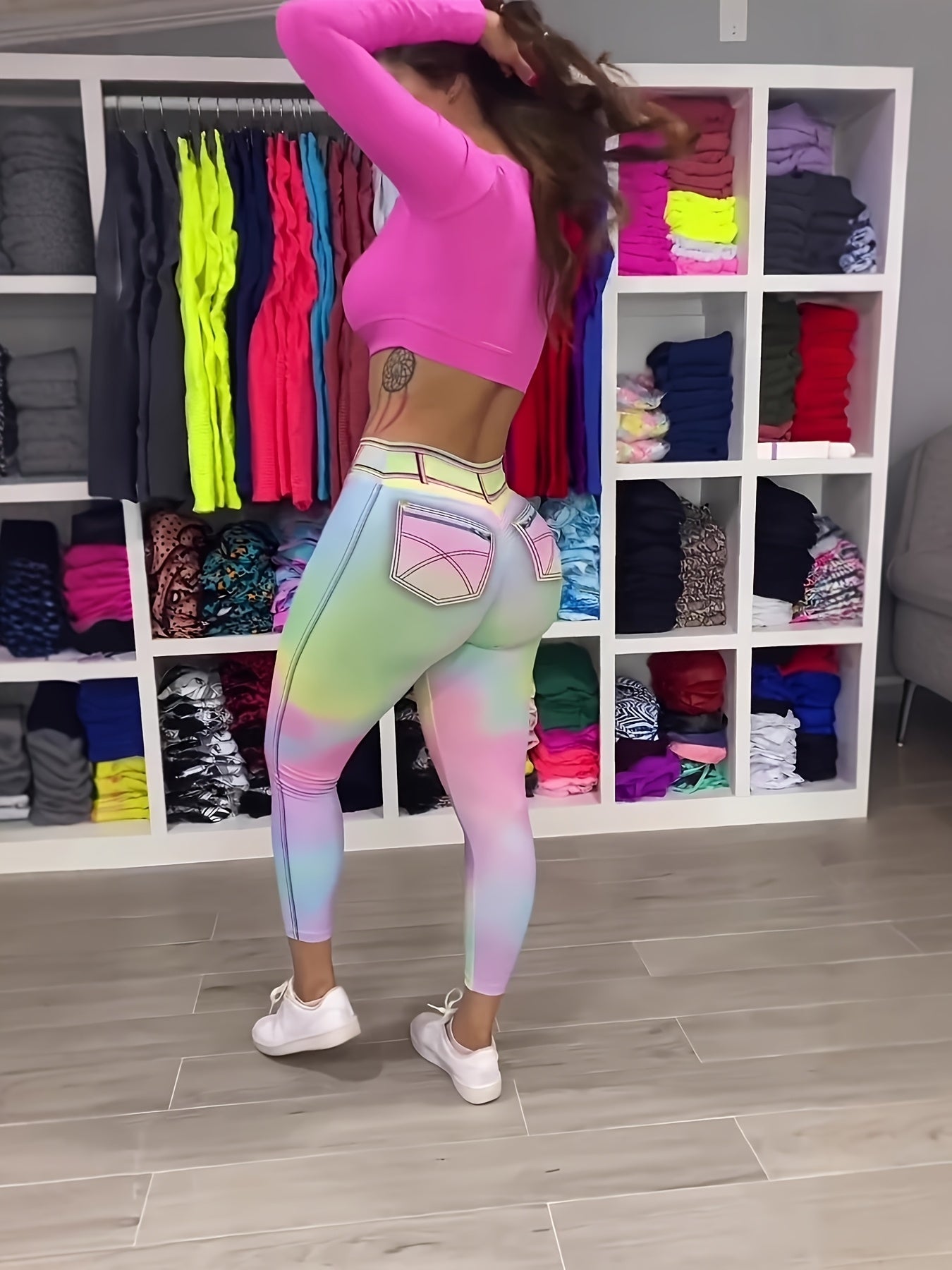 Women's High Waisted Butt Lifting Rainbow Gradient Leggings, Denim Pocket Print Stretchy Yoga Pants 69% Polyester 31% Elastane for Workout Casual Wear – Spring Fall Cropped Sports Pants