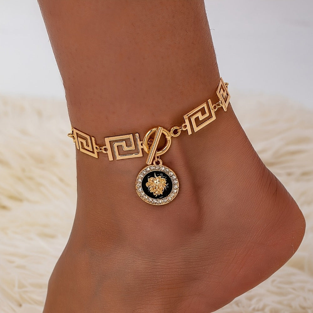 Gold Bohemian Lion Head Pendant Anklet for Women – Stainless Steel Black Ankle Chain Bracelet, Boho Beach Summer Foot Jewelry with Gift Bag, Casual Fashion Accessory for Daily Wear and Vacation