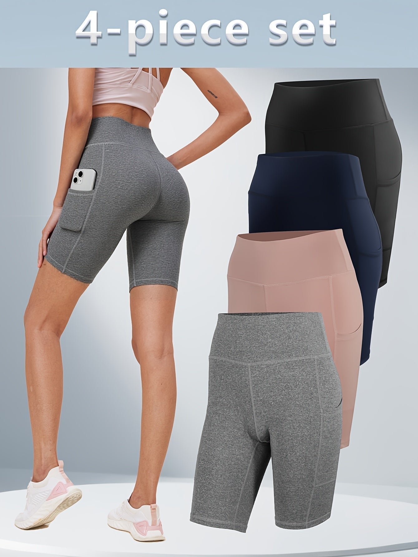 Women's High-Waisted Yoga Shorts 4-Pack Butt-Lifting 5-Pocket – Mid-Stretch Breathable Seamless Workout Shorts for Summer Yoga, Pilates & Gym Training (Red, Black, Gray, Navy Blue)