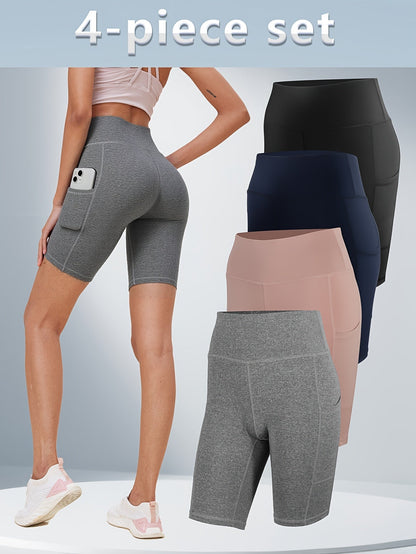Women's High-Waisted Yoga Shorts 4-Pack Butt-Lifting 5-Pocket – Mid-Stretch Breathable Seamless Workout Shorts for Summer Yoga, Pilates & Gym Training (Red, Black, Gray, Navy Blue)