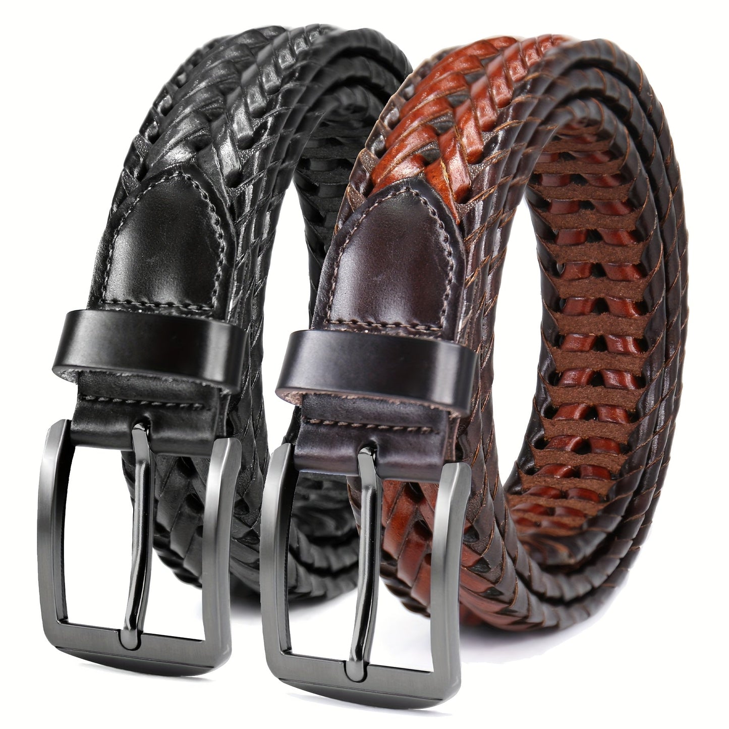 Men's Leather Braided Belt 2 Pack - Casual Dress Belt for Golf Pants Jeans Everyday Wear Zinc Alloy Buckle Multiple Colors Sizes 34-50