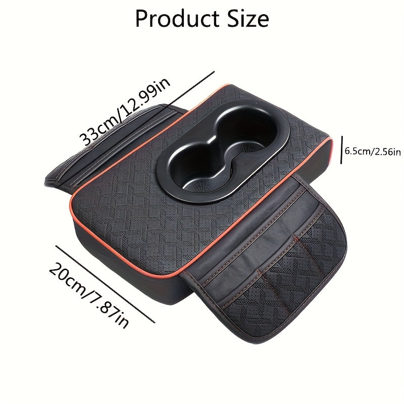 PU Leather Car Center Console Mat & Armrest Box Cover | Universal Fit, 2 Side Pockets, 2 Cup Holders, Phone & Card Storage, Tissue Box Replacement – Black, Grey, Red, Beige, Brown, Cream