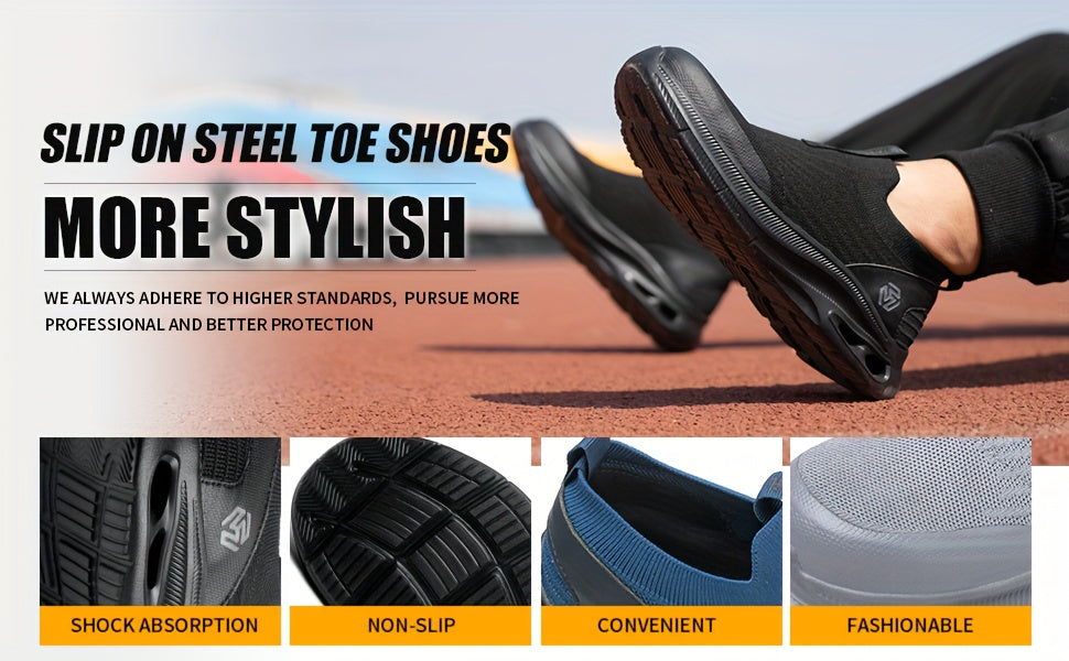 Steel Toe Work Shoes for Men Slip-On Lightweight Safety Sneakers Puncture-Resistant Non-Slip for Construction Warehouse Restaurant Black Grey Blue US 5.5-14