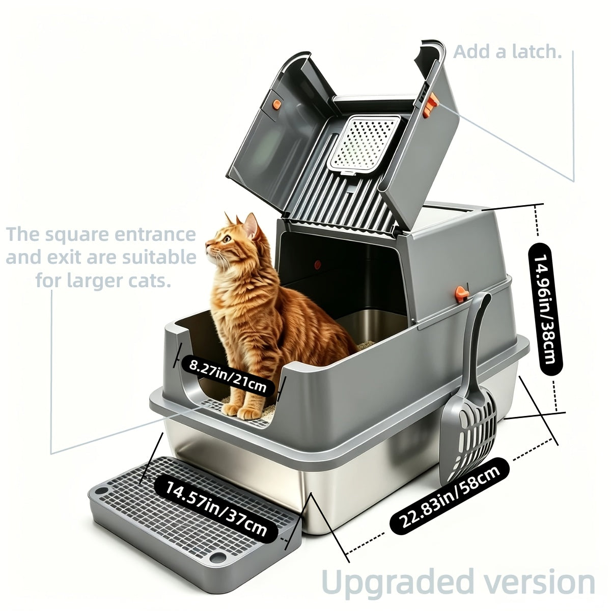 XL Stainless Steel Enclosed Cat Litter Box with Flip Top Lid & High Sidewalls – 3-in-1 Anti-Scatter Metal Litter Pan for Large Cats & Multi-Cat Households