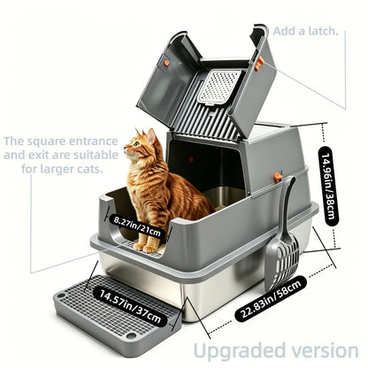XL Stainless Steel Enclosed Cat Litter Box with Flip Top Lid & High Sidewalls – 3-in-1 Anti-Scatter Metal Litter Pan for Large Cats & Multi-Cat Households