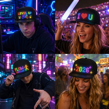 LED Light-Up Hat Smart App Programmable Scrolling Message Cap – 16x32 LED Matrix US Flag & Text Upload Breathable Unisex Novelty Gift for Teens Parties Events Anniversaries
