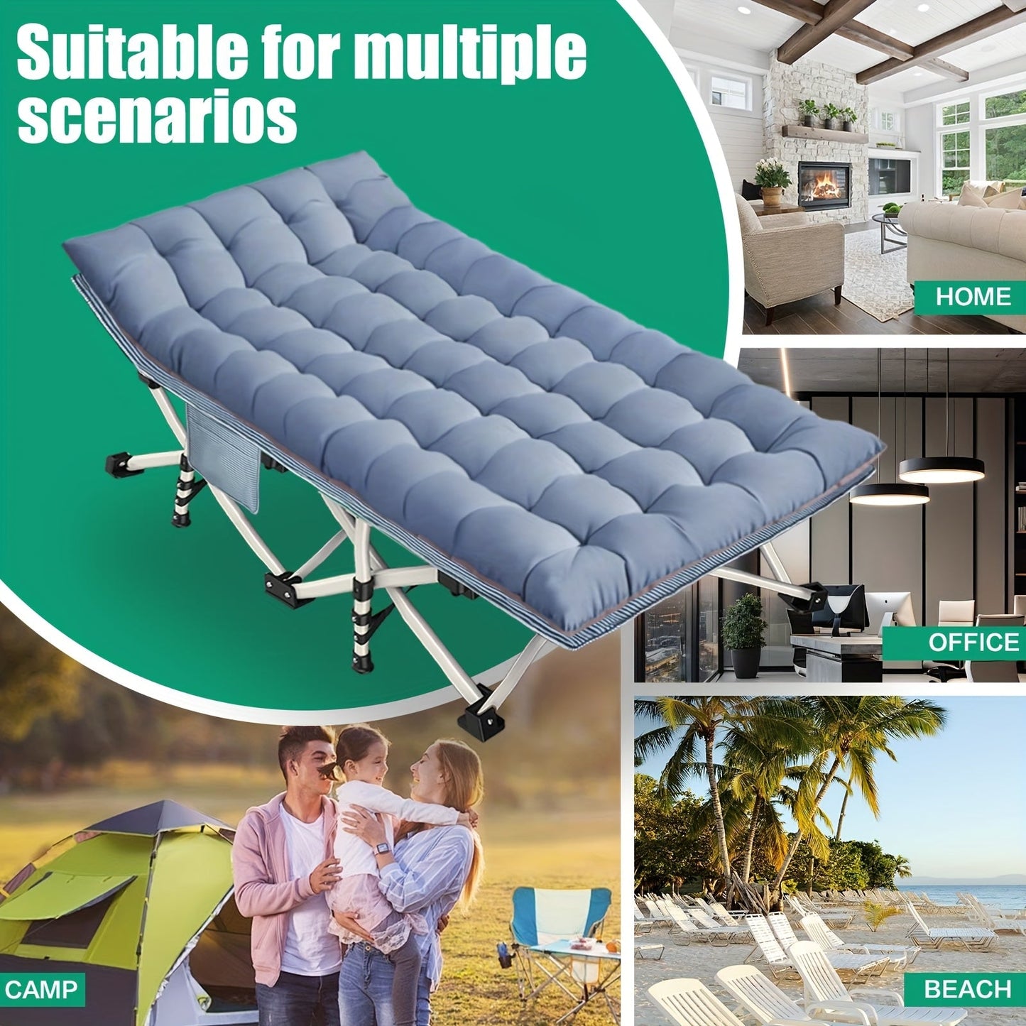 Folding Camping Cot with Mattress 75"-79" – Heavy Duty Portable Sleeping Cot for Adults Kids & Teens, Max Load 700-900lbs, for Camping Home Office Beach Garden & Fishing