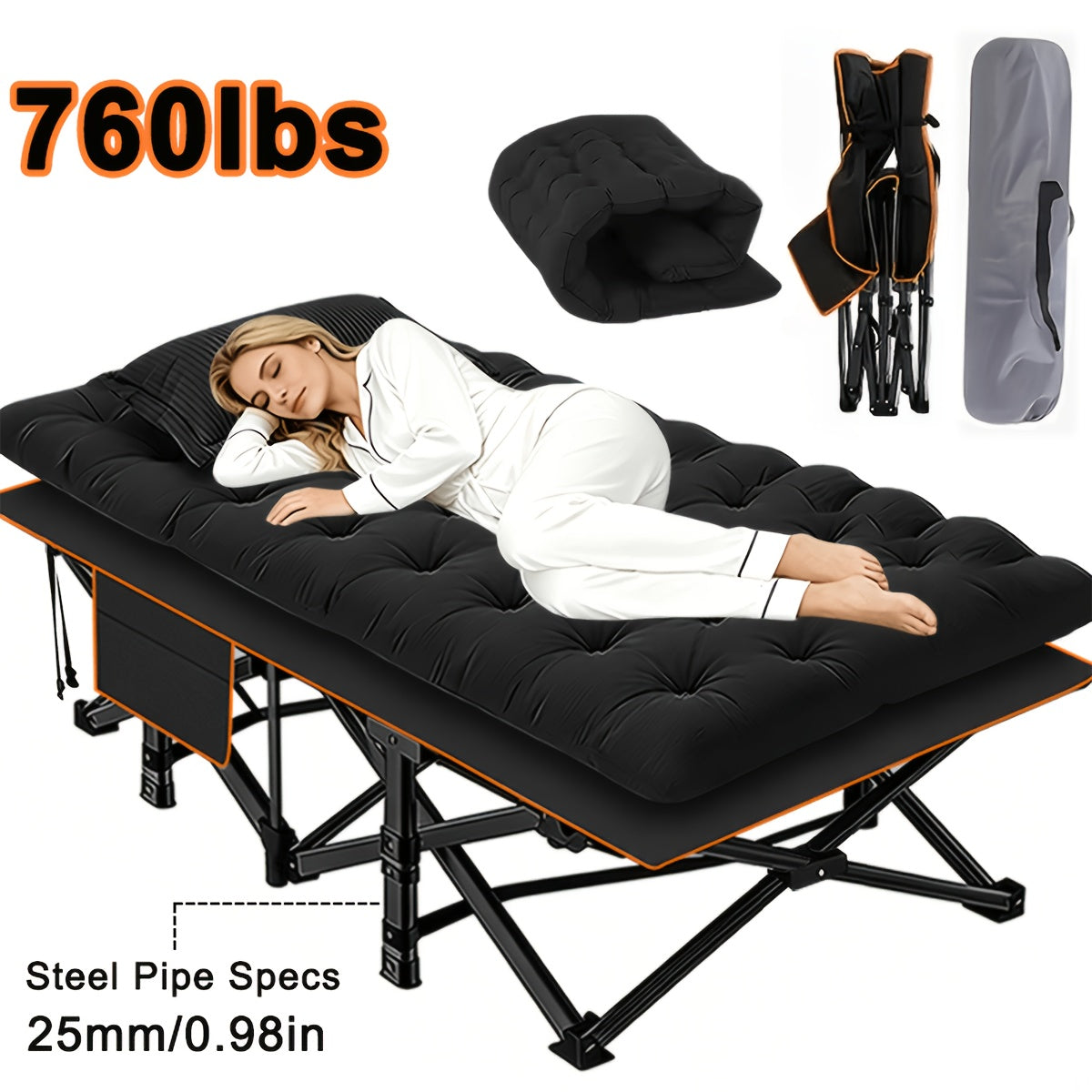 Folding Camping Bed with Mattress & Side Pockets – Heavy Duty Portable Cot for Adults, Foldable Guest Bed for Camping Outdoor Courtyard Terrace Office Guest Room