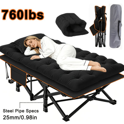 Folding Camping Bed with Mattress & Side Pockets – Heavy Duty Portable Cot for Adults, Foldable Guest Bed for Camping Outdoor Courtyard Terrace Office Guest Room