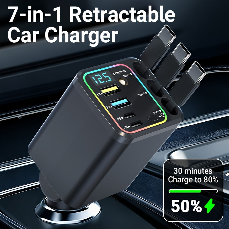 7-in-1 Car Charger with LED Color Light & 3 Retractable Cables – Fast Charging USB Hub, 180° Adjustable, Digital Display, Universal Fit for iPhone Android