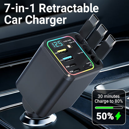 7-in-1 Car Charger with LED Color Light & 3 Retractable Cables – Fast Charging USB Hub, 180° Adjustable, Digital Display, Universal Fit for iPhone Android
