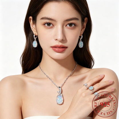 925 Sterling Silver Water Drop Opal Jewelry Set for Women – 4 Piece Necklace Earrings and Ring Set, Elegant Opal Pendant Fashion Jewelry Gift for Party Daily Wear Birthday Anniversary