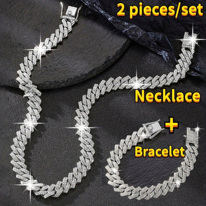 Cuban Link Necklace and Bracelet Set Rhinestone Zircon Bling Hip Hop Jewelry Set Gold Silver Rose Gold Y2K Punk Chain Set for Women Men Gift
