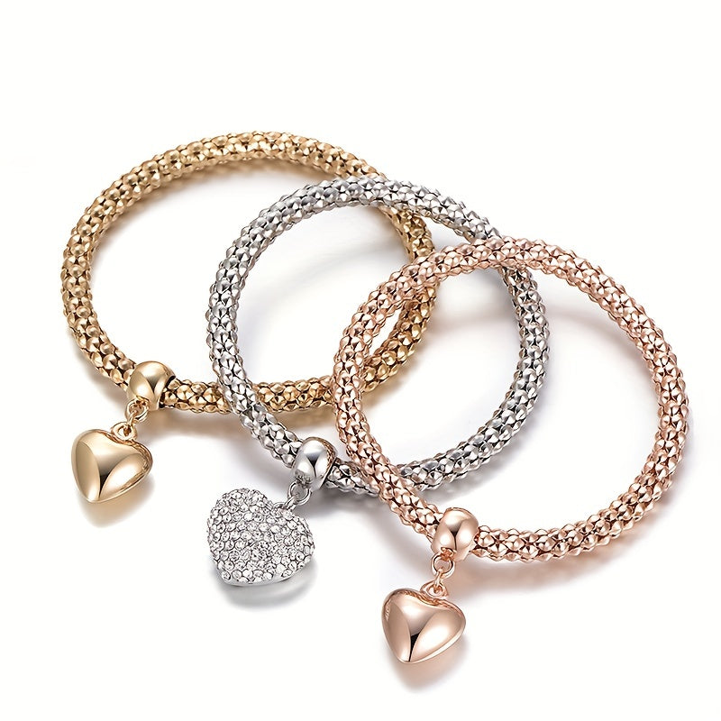 3PC Stainless Steel Stackable Bracelet Set for Women – Gold Silver Rose Gold Corn Chain & Heart Tree of Life Elastic Bracelet, Hypoallergenic Daily & Party Wear