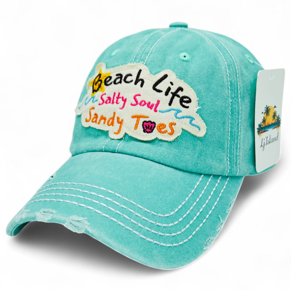 Beach Life Salty Soul Sandy Toes Vintage Distressed Embroidered Baseball Cap – Local Artist Design, 100% Cotton UV Protection Adjustable Coastal Sun Hat, Beach Lover Gift