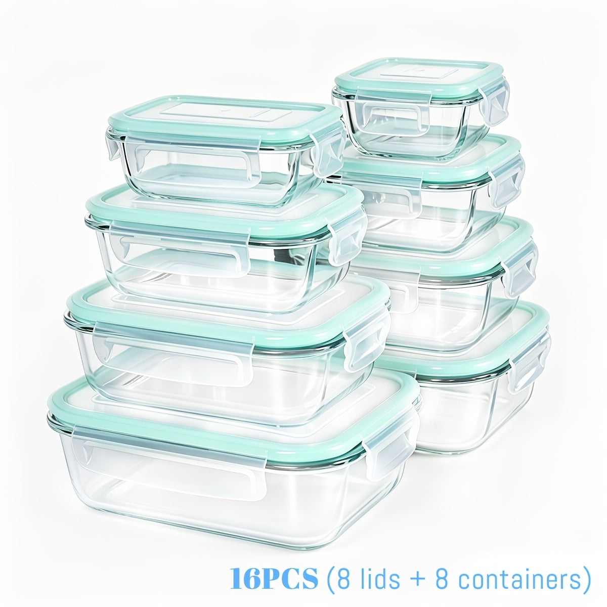 Glass Food Storage Containers with Lids 16-Piece Set (8 Containers + 8 Lids), Airtight Meal Prep Containers Microwave Oven Freezer Safe, Lunch Boxes for Salads Fruits Vegetables Sandwiches Leftovers
