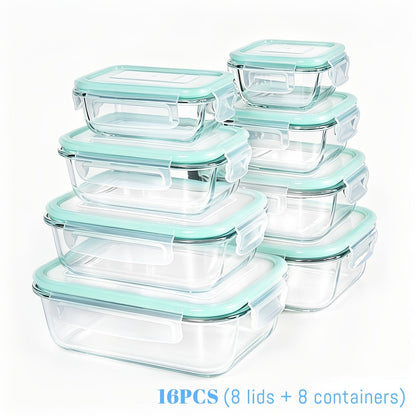 Glass Food Storage Containers with Lids 16-Piece Set (8 Containers + 8 Lids), Airtight Meal Prep Containers Microwave Oven Freezer Safe, Lunch Boxes for Salads Fruits Vegetables Sandwiches Leftovers