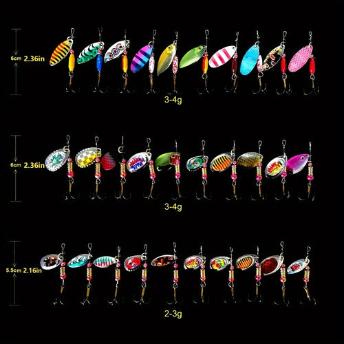Spinnerbait Fishing Lures 30-Pack – Heavy-Duty Metal Spoon Jig Set for Bass Trout Pike Musky, Multi-Color Saltwater Freshwater Artificial Bait