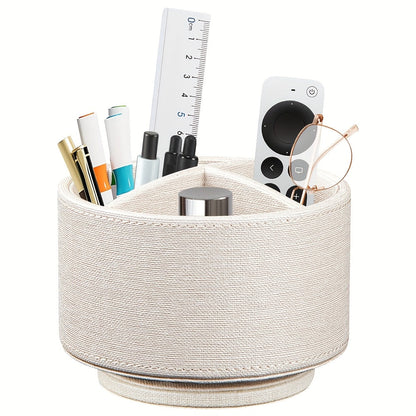 360° Swivel Pen Holder with 4 Compartments – PU Leather Rotating Desk Organizer for Office Supplies, Art Supplies, Remote Controls, Glasses & Accessories, Stylish Pencil Case Storage Box