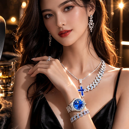 Cuban Link Hip Hop Jewelry Set for Men & Women – Necklace Pendant Bracelet & Blue Dial Watch, Unisex Streetwear Bling, Gold & Silver Tone, Party Daily Gift