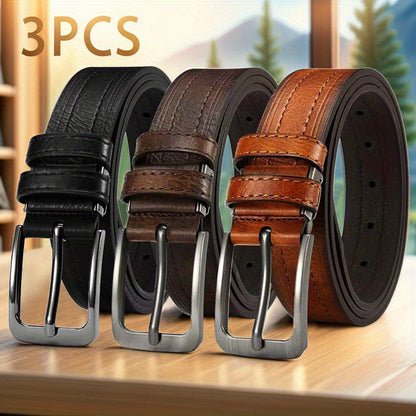 3pcs Men's Genuine Leather Belt Set with Pin Buckle – Classic Vintage Cowhide Adjustable Jean Belts for Men, Multiple Colors & Sizes