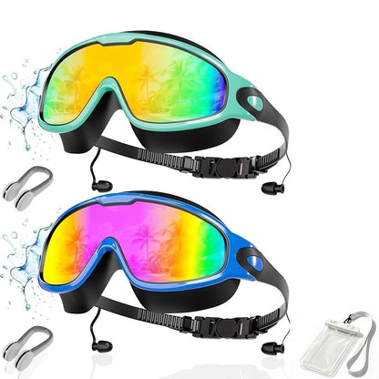 Anti-Fog Swim Goggles Wide View Mirrored UV Protection – No-Leak Swimming Goggles for Adults Men Women Youth with Earplugs, Nose Clip & Phone Pouch, Triathlon Pool Gear
