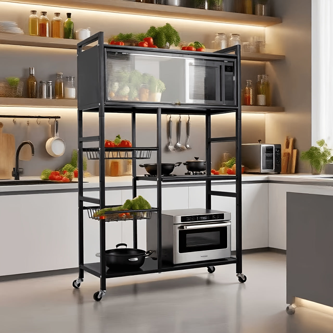 4-Tier Rolling Storage Rack with Wire Baskets & Wheels – Adjustable Metal Shelf for Kitchen Pantry Garage Bathroom Closet, Movable Standing Organizer, Housewarming Gift