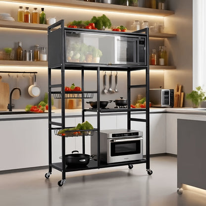 4-Tier Rolling Storage Rack with Wire Baskets & Wheels – Adjustable Metal Shelf for Kitchen Pantry Garage Bathroom Closet, Movable Standing Organizer, Housewarming Gift
