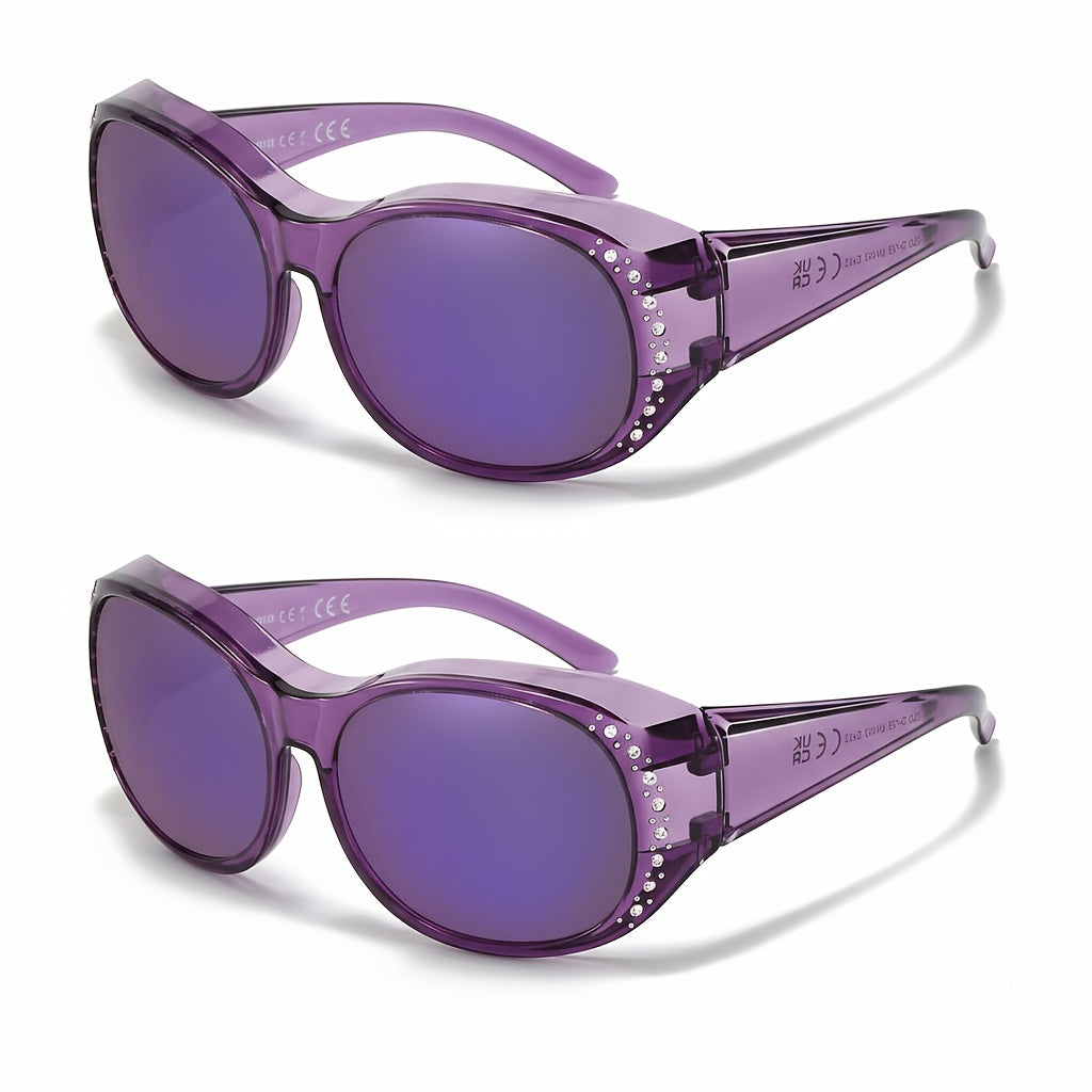 2-Pack Women's Polarized Fit Over Glasses for Prescription Eyeglasses – Rhinestone Accent Wraparound Sunglasses, Anti-Glare Polarized Lenses, No Adapter Needed, Multiple Color Options