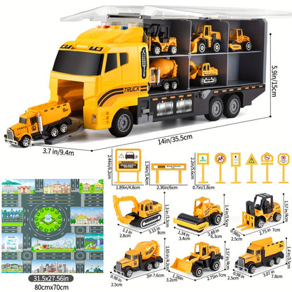 13-in-1 Construction Truck Toy Set with Die-Cast Cars, Play Mat & Transport Carrier – Kids Vehicle Playset for Ages 3+, Perfect Christmas & Birthday Gift