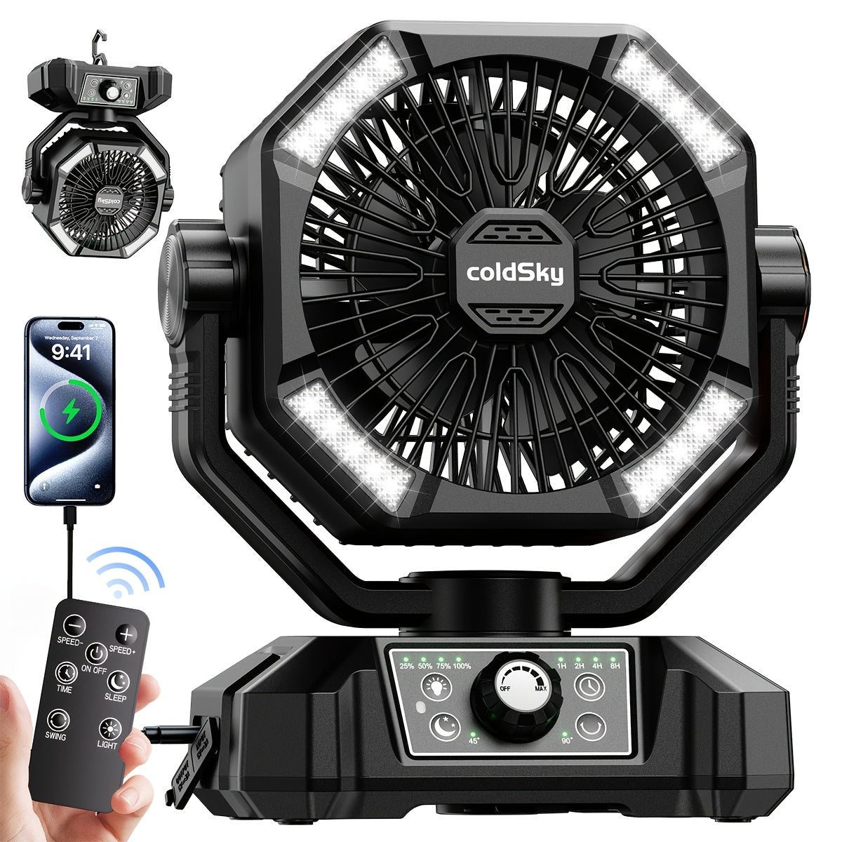 20000mAh Camping Fan with Dual Motor – Battery Operated Portable Fan with 4 LED Lantern Modes, 8 Speeds & Remote Control, Hanging Hook for Tent, Power Outages & Jobsite Use