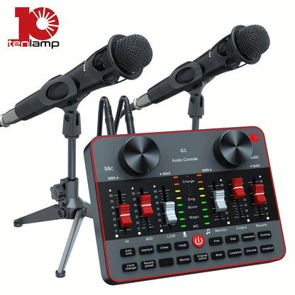 Podcast Equipment Bundle with Audio Interface - 2 BM-800 Condenser Microphones DJ Mixer Live Sound Card, Complete Home Recording Studio Kit for Streaming Gaming Singing YouTube Twitch