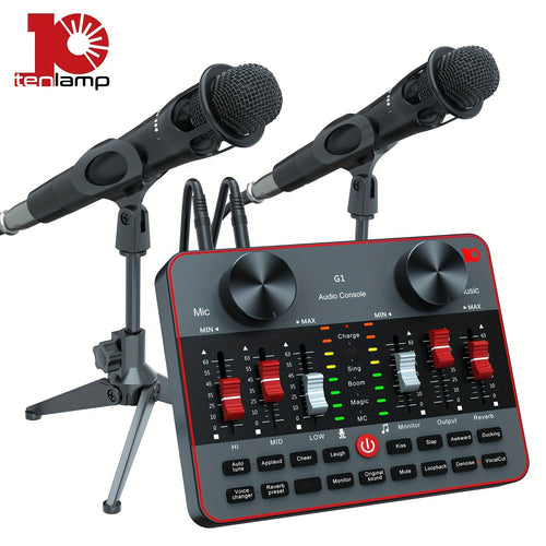 Podcast Equipment Bundle with Audio Interface - 2 BM-800 Condenser Microphones DJ Mixer Live Sound Card, Complete Home Recording Studio Kit for Streaming Gaming Singing YouTube Twitch