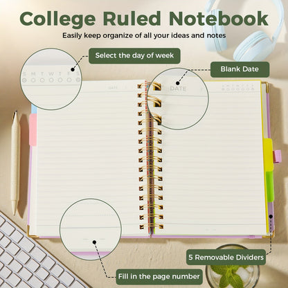 A5 Hardcover 5-Subject Spiral Notebook Journal – 300 College-Ruled Pages with Removable Divider Tabs & Pocket, 6.1" x 8.4" Lined Notebook for Work, School & Note Taking, Back to School Supplies