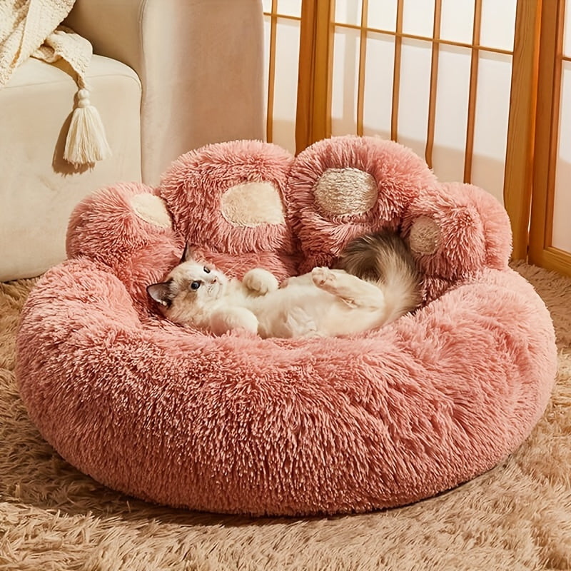 Bear Paw Plush Round Pet Bed for Dogs & Cats – Soft Calming Dog Bed, Non-Slip Cat Bed, Warm Cozy Puppy Bed, Small Medium Large, 20/24/28/36 Inch, Coffee/Pink/Gray