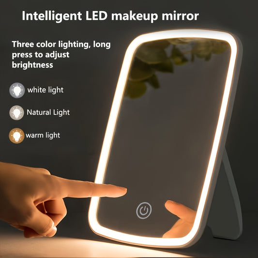 LED Makeup Mirror with Touch Sensor – 3 Lighting Modes (White, Daylight, Warm), Adjustable Brightness, Portable Folding Vanity Mirror, USB Charging, Compact Travel & Desktop Cosmetic Mirror