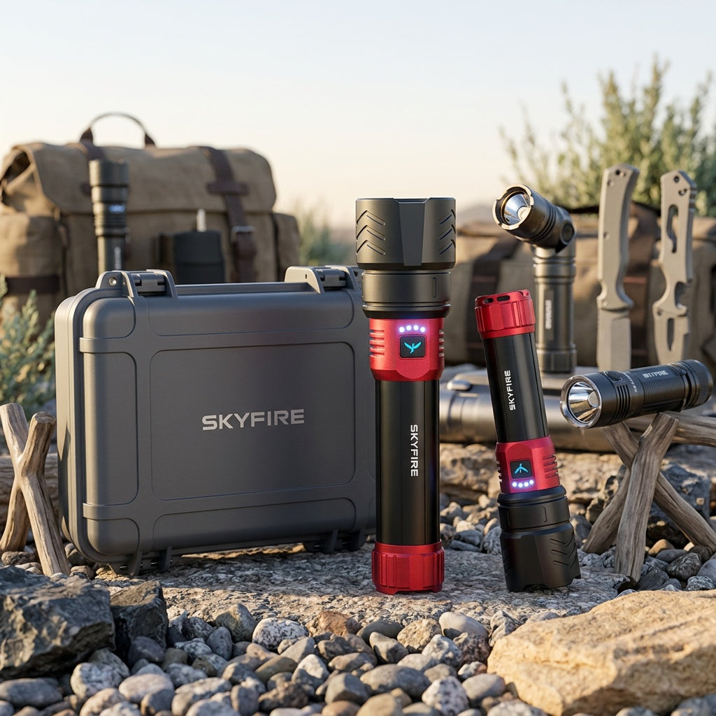 SKYFIRE 5000 Lumen LED Flashlight Rechargeable with Ignition Lens, Adjustable Focus & 4 Modes – Super Bright High Lumen Tactical Flashlight for Camping, Outdoor, Farm & Emergency Family Use