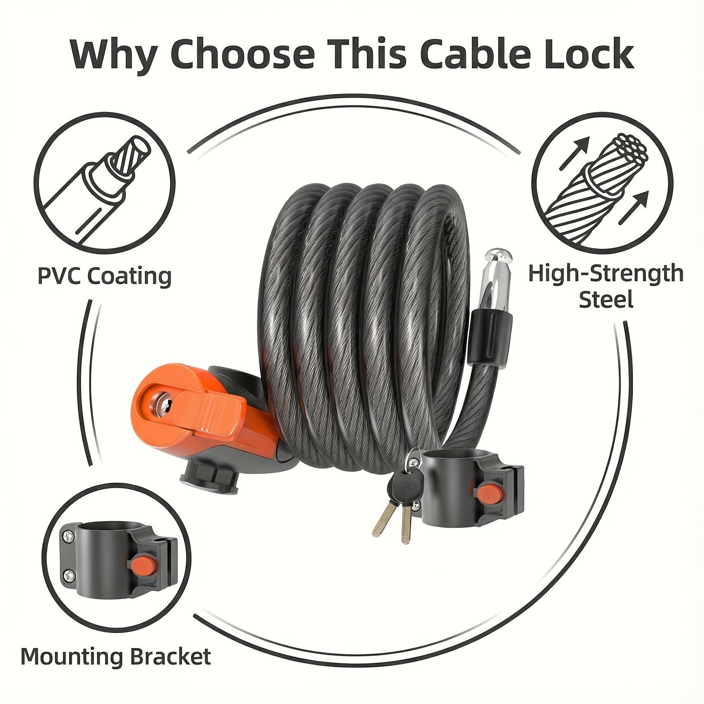 Heavy-Duty Bike Cable Lock 12mm Thick 49" Anti-Theft Bicycle Lock with Keys for Mountain Road Electric Bikes – Waterproof ABS & Iron Construction, Mounting Bracket Included, Secure Coiled Bike Lock