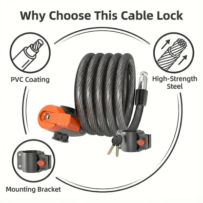 Heavy-Duty Bike Cable Lock 12mm Thick 49" Anti-Theft Bicycle Lock with Keys for Mountain Road Electric Bikes – Waterproof ABS & Iron Construction, Mounting Bracket Included, Secure Coiled Bike Lock
