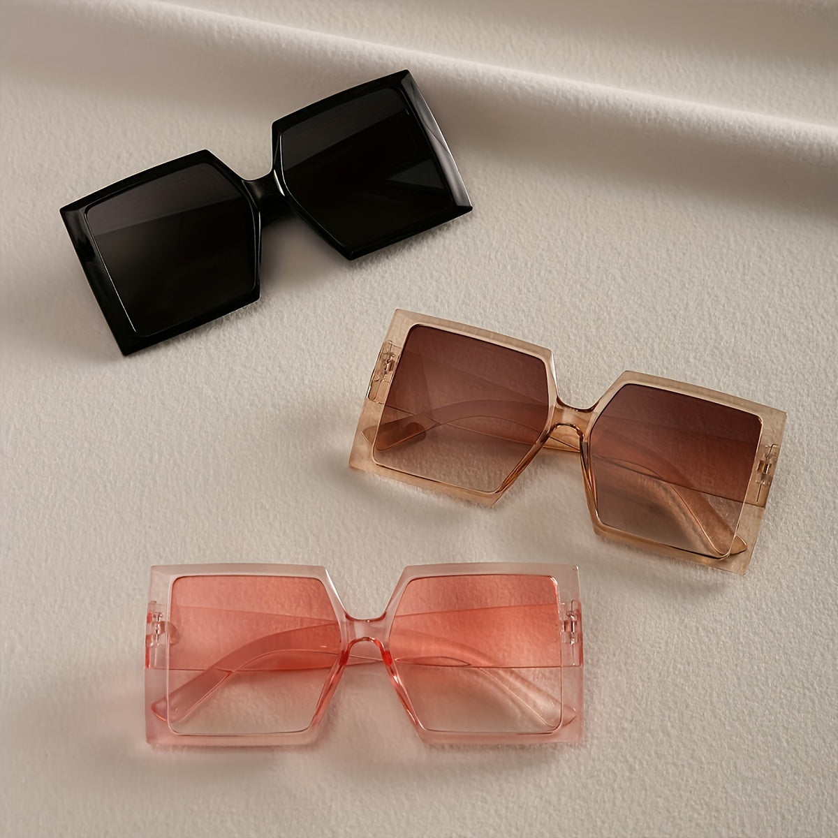 3-Pack Women's Oversized Flat Top Fashion Sunglasses Set - Large Square Frame Trendy Retro Eyewear in Pink Champagne Black for Beach Driving Travel & Everyday Style
