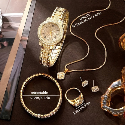 Women's Rhinestone Fashion Watch Jewelry Set – Gold Tone Wristwatch with Matching Ring, Necklace, Earrings & Bracelet, Elegant Ladies Casual Dress Watch Gift Set