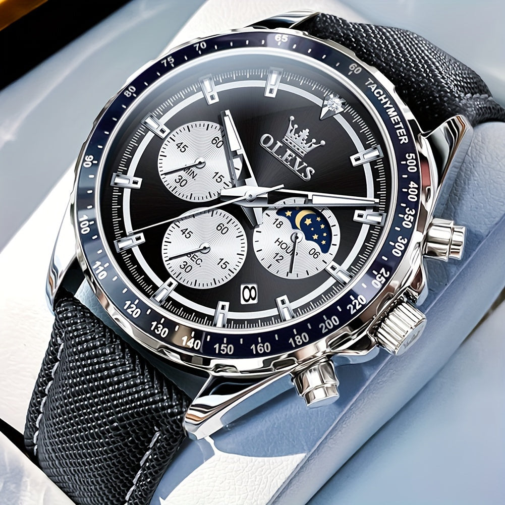 OLEVS Men's Luxury Quartz Watch – Moon Phase Calendar Big Face Chronograph, Waterproof Leather Wristwatch with Luminous Hands, Elegant Dress Watch for Men, Birthday Father's Day Gift Blue Black White Green