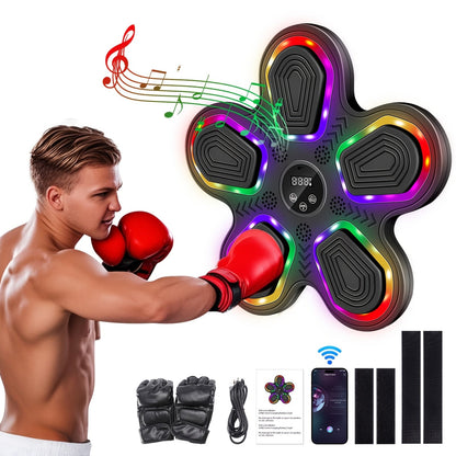 Smart Music Boxing Machine with Gloves – Wall Mount, LED Rhythm Lighting, Bluetooth, 9 Speed Modes, Intelligent LED Strike Counter, Home Gym Fitness Gift for Adults & Teens