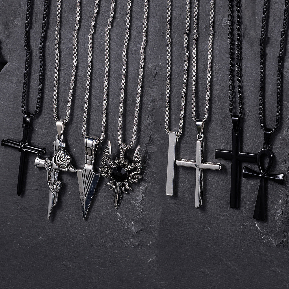 8 Pcs Men's Punk Black Necklace Set – Stainless Steel Cross Pendant Chains, Gothic Streetwear Jewelry, Cool Layering Necklaces for Men, Mixed Style Gift Set