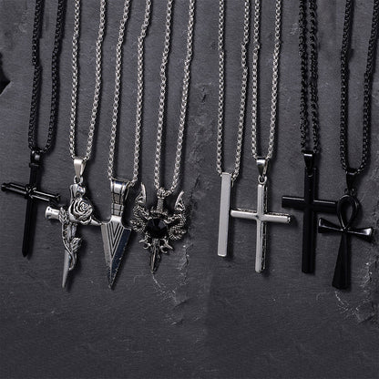 8 Pcs Men's Punk Black Necklace Set – Stainless Steel Cross Pendant Chains, Gothic Streetwear Jewelry, Cool Layering Necklaces for Men, Mixed Style Gift Set